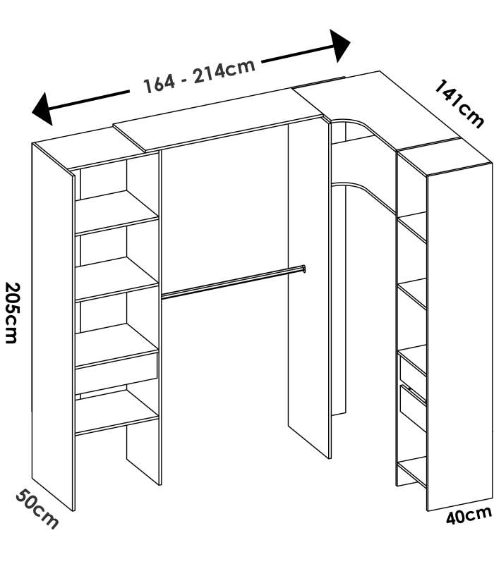 Commode de chambre à coucher Siles avec rideau et étagères en