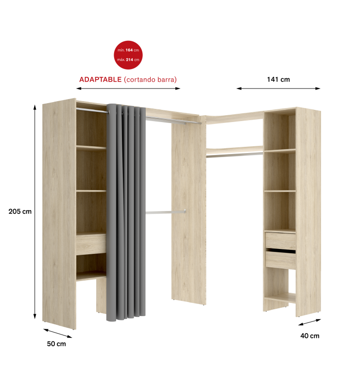 Commode de chambre à coucher Siles avec rideau et étagères en