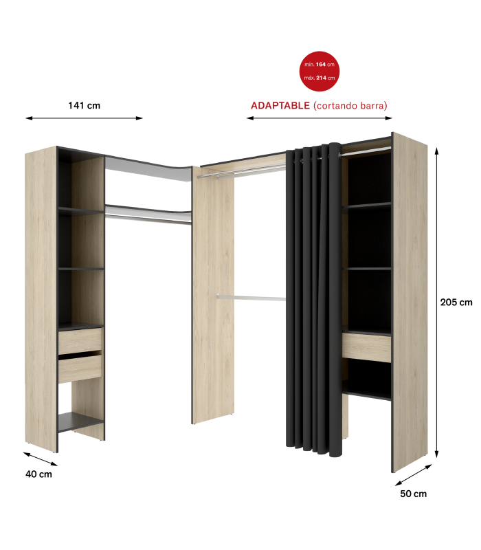 Commode de chambre à coucher Siles avec rideau et étagères en