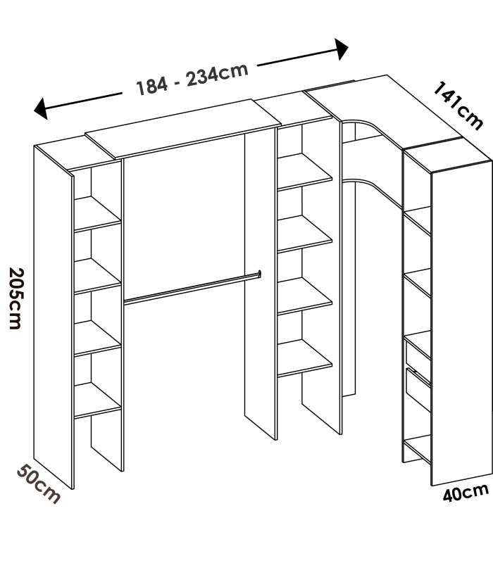 Commode de chambre à coucher Siles avec rideau et étagères en