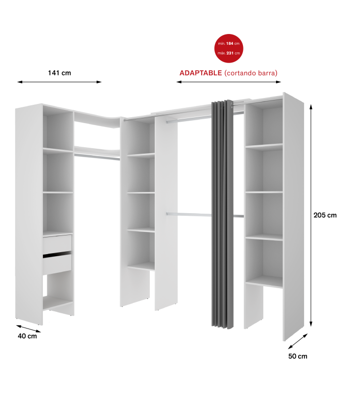 Commode de chambre à coucher Siles avec rideau et étagères en