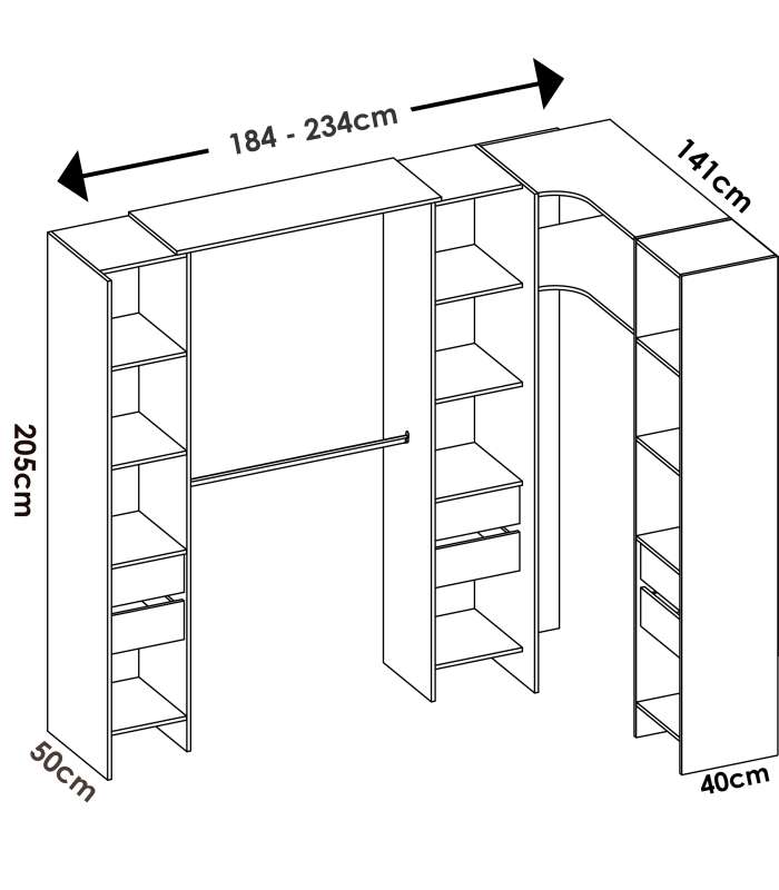 Commode de chambre à coucher Siles avec rideau et étagères en