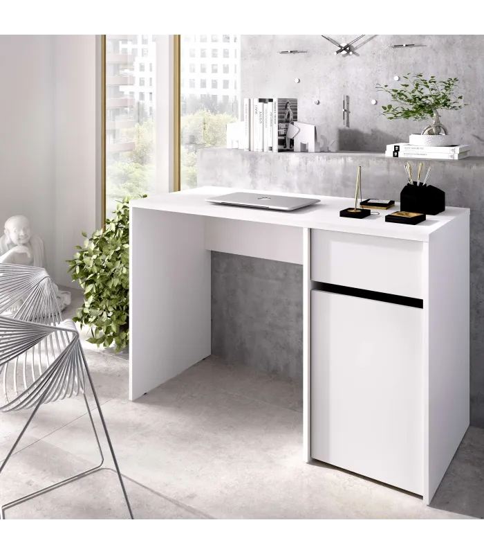 Mesa Secretária Rocio, branca, com gaveta e porta.