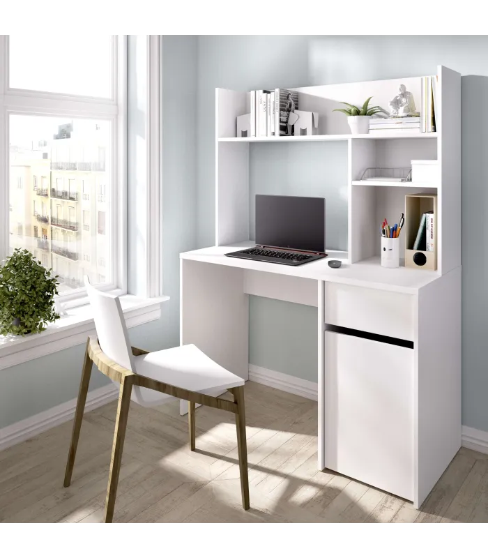 Secretária Rebecca branca com gaveta e porta, 110cm