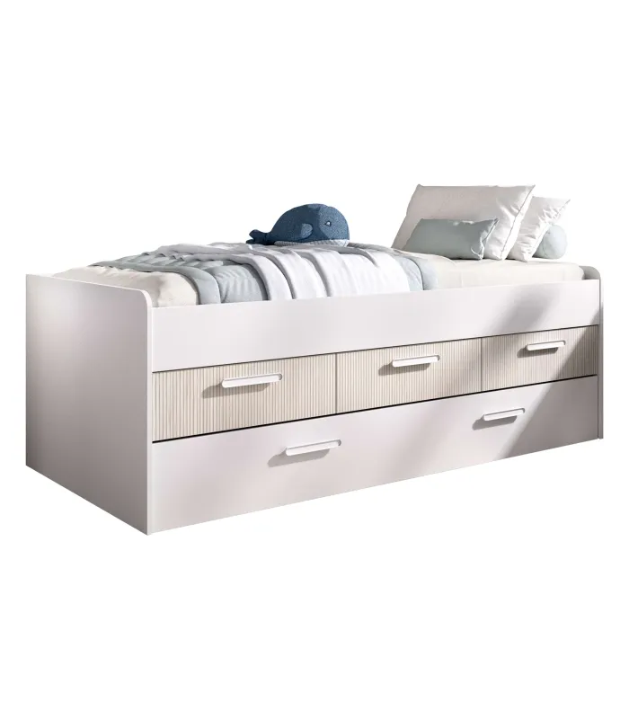 Cama compacta Soria con cajones en blanco/alistonado