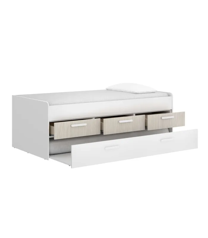 Cama compacta Soria con cajones en blanco/alistonado