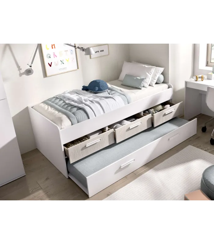Cama compacta Soria con cajones en blanco/alistonado