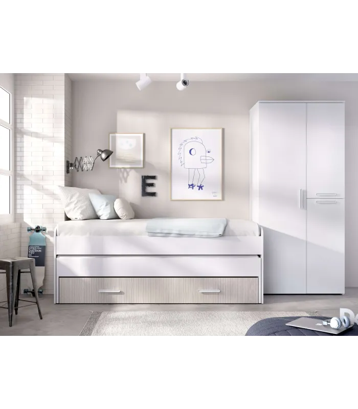 Conjunto juvenil Tenor: cama compacta y armario blanco