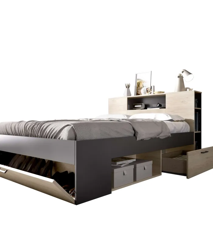 Cama compacta matrimonio Pozo Alcón en natural/grafito