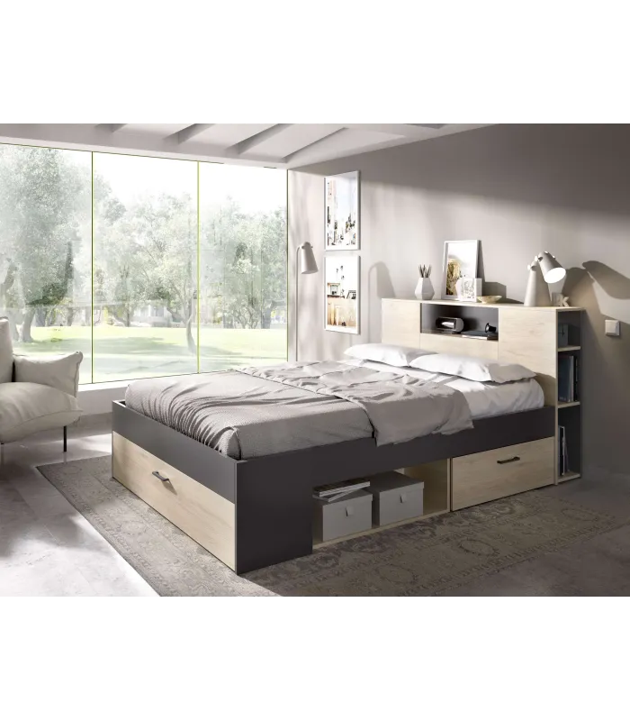Cama compacta matrimonio Pozo Alcón en natural/grafito