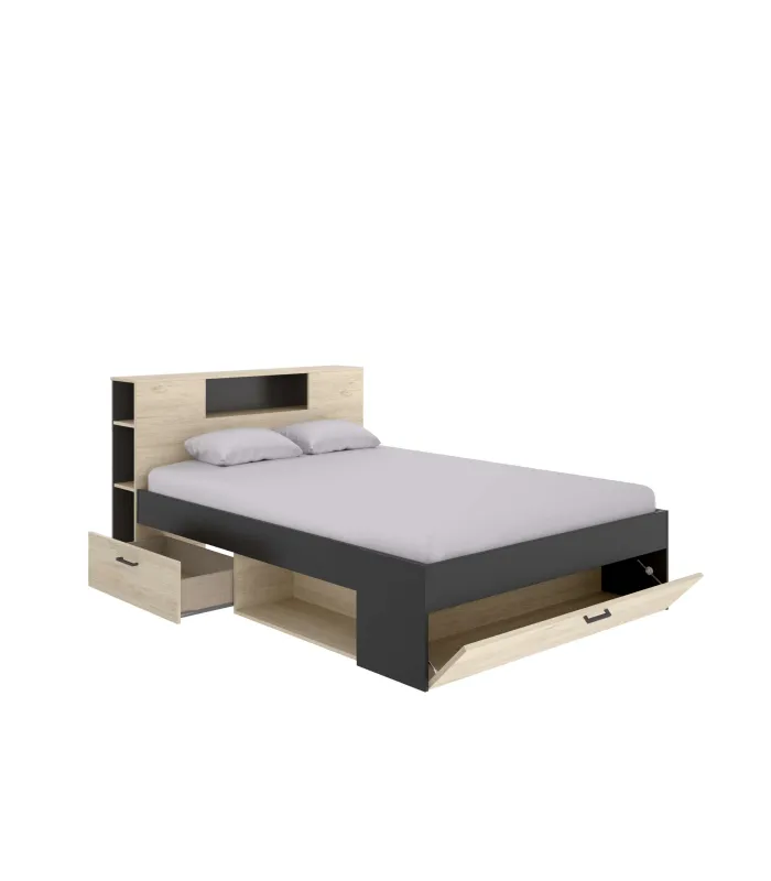 Cama compacta matrimonio Pozo Alcón en natural/grafito