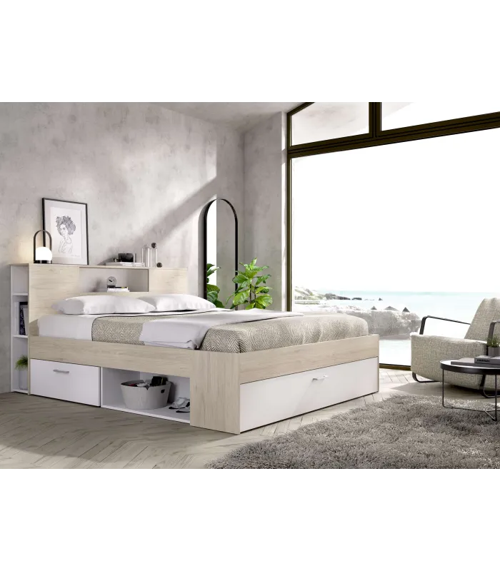 Cama compacta matrimonial Pozo Alcón-150 en natural/blanco