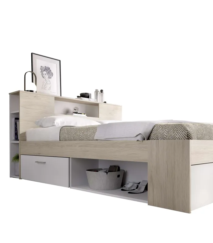 Cama compacta matrimonial Pozo Alcón-150 en natural/blanco
