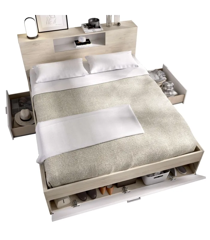 Cama compacta matrimonial Pozo Alcón-150 en natural/blanco