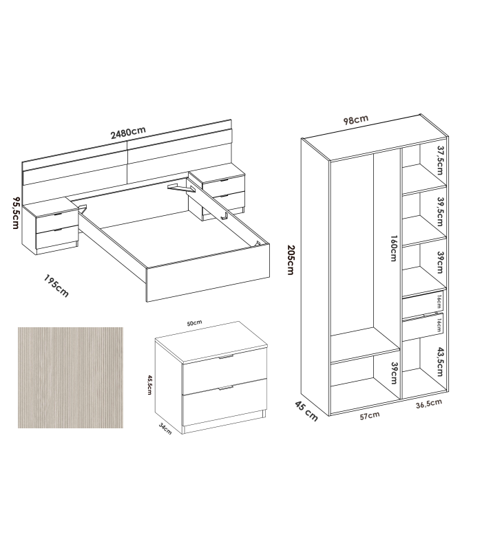 DKT Conjuntos de dormitorio Conjunto cama, dos mesitas y