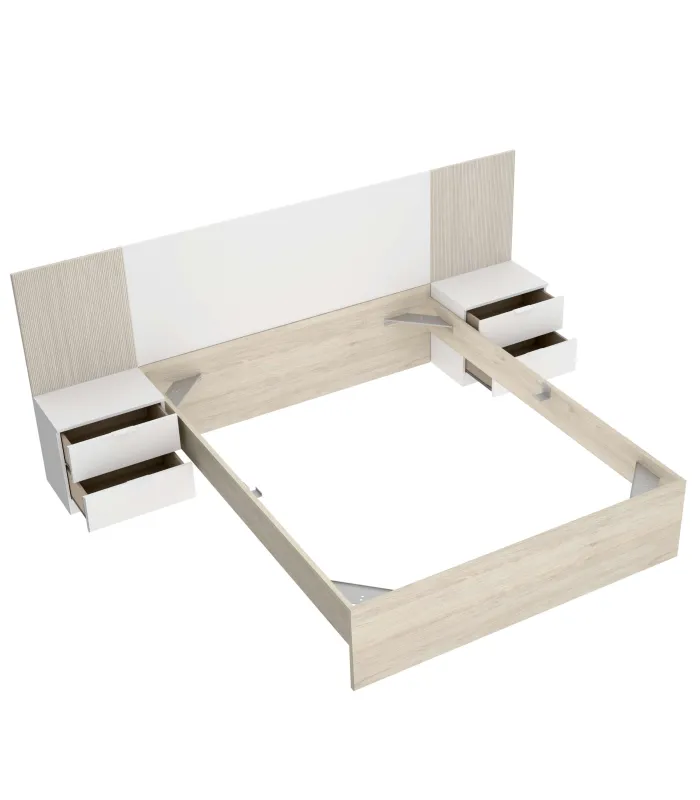 Conjunto cama Lula en blanco y alistonado natural