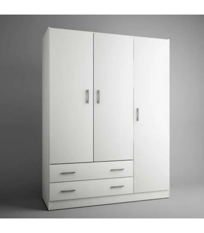 Armario ropero blanco 3 puertas, 2 cajones, 196x150x50 cm