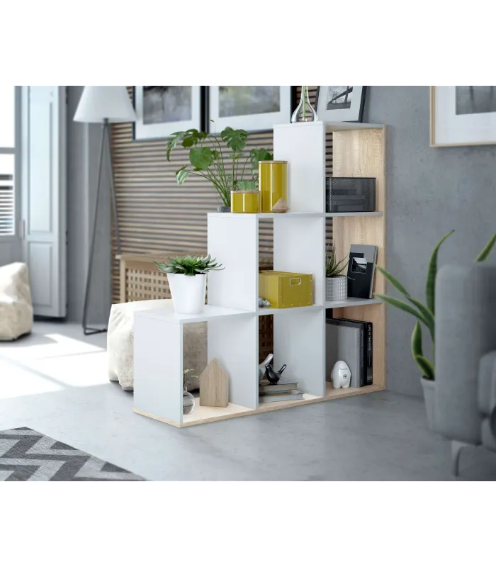 Estantería baja Cantora en blanco y roble, 110x108x28 cm