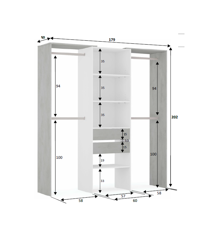 Commode Siles pour chambre à coucher avec étagères et deux