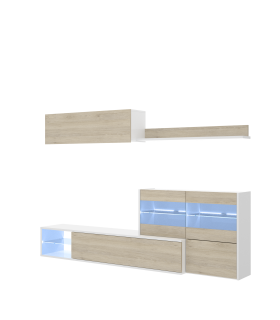 Mueble salón Espeluy flexible en blanco/natural con leds 260 cm(ancho), 41 cm(largo)