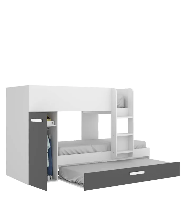 Cama tren Orcera blanca-grafito para dormitorio juvenil