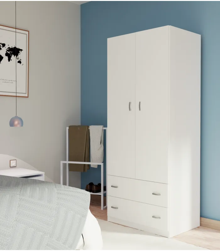 Armario ropero 2 puertas, 2 cajones, blanco