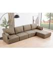 Sofá modular con brazos 4 plazas + chaiselongue MOU tapizado en tejido beige, 366cm(ancho) 93cm(altura) 183cm(fondo).