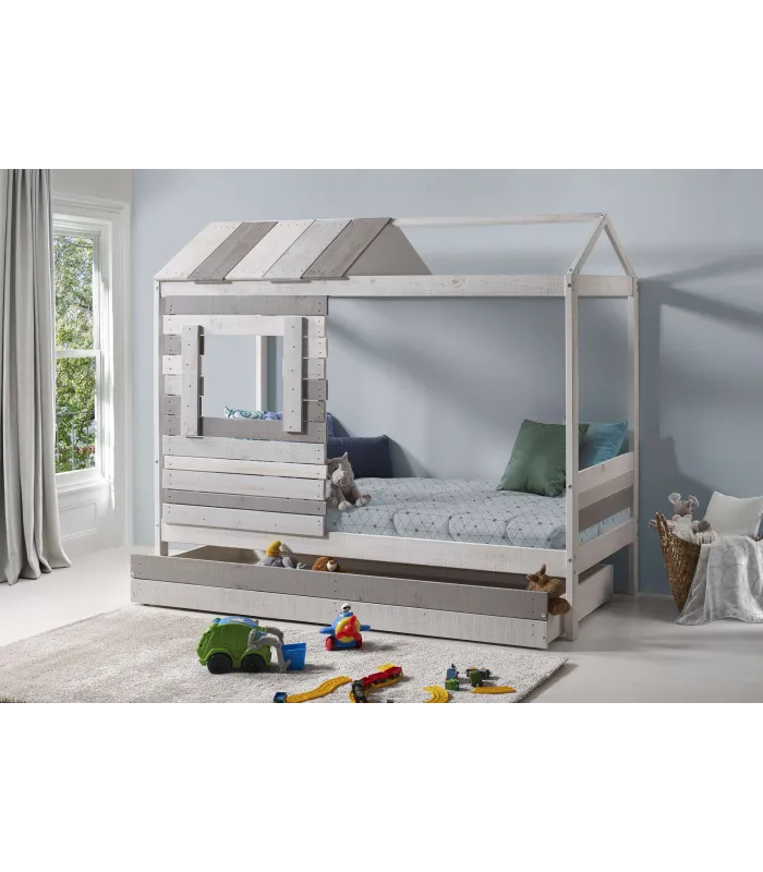 Cama tipo cabaña Lia-2, multicolor, con cajón.