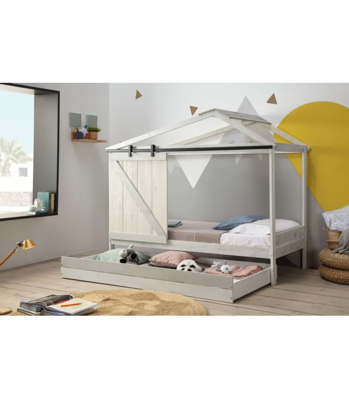 Cama juvenil cabaña Tara en blanco y gris