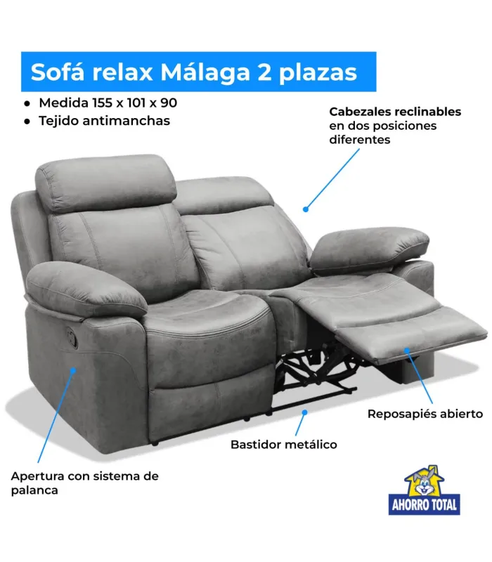 Sofá de 2 plazas Málaga en gris, cómodo y elegante.