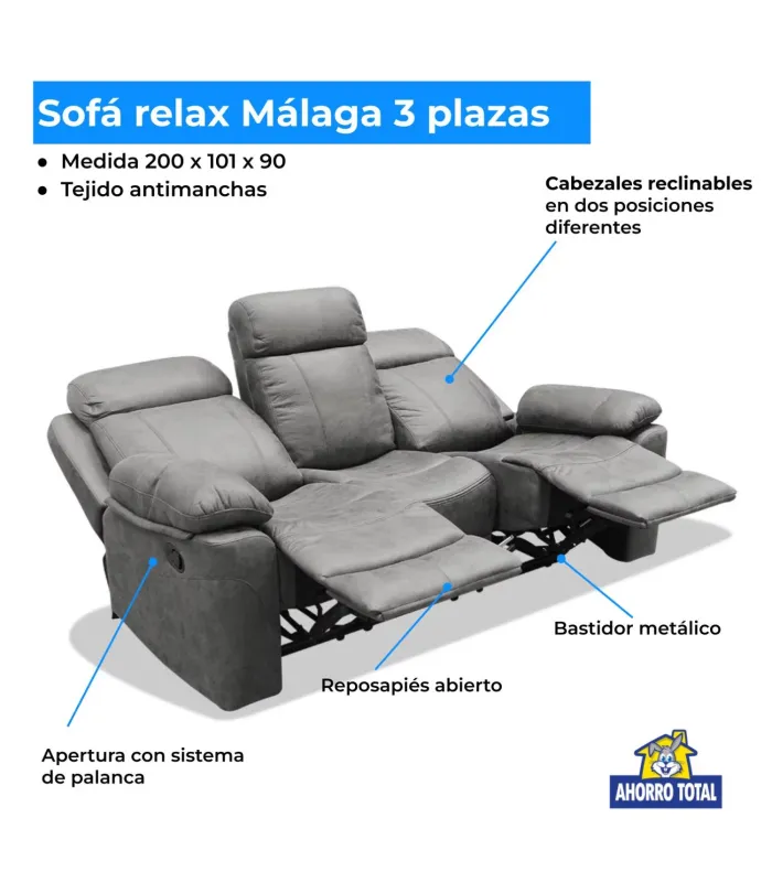 Sofá relax 3 plazas gris, elegante y cómodo
