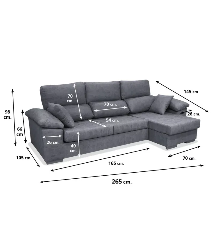 Sofá Chaiselongue Alvaro tapizado gris 265x145x98 cm