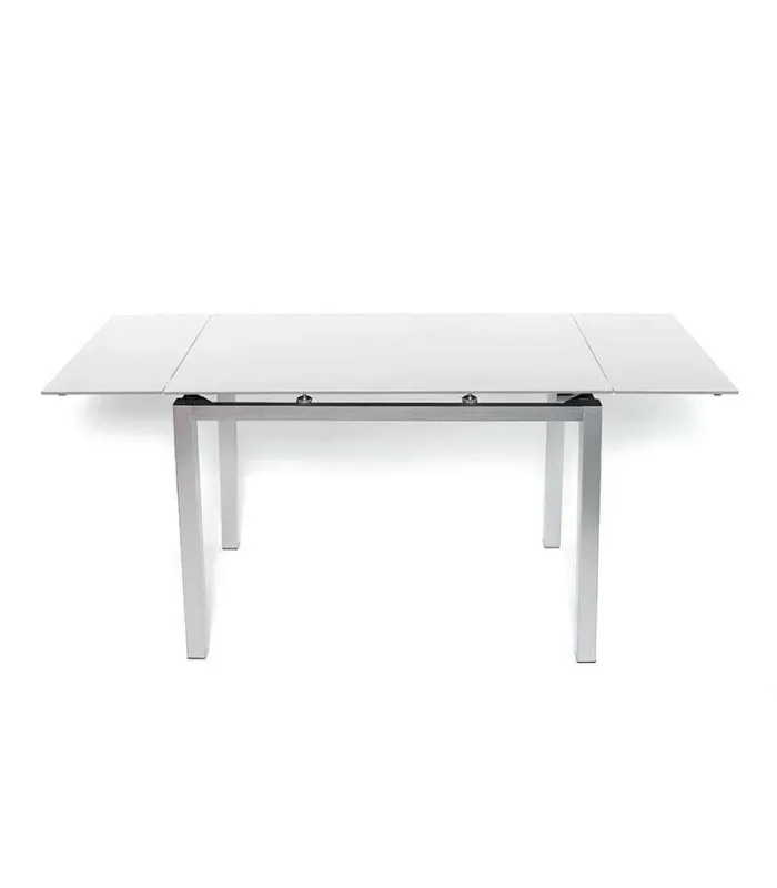 Mesa extensible blanca con tapa de cristal templado