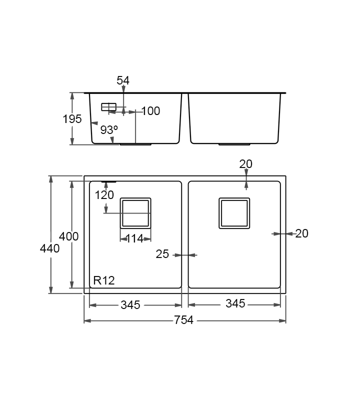 2 breast sink in stainless steel model du7544