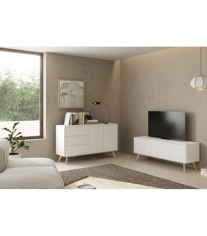 Mueble para televisión 2 puertas 2 huecos Campus acabado blanco/blanco cera.