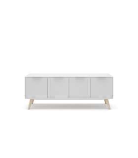 Elegante mueble para TV con 4 puertas y acabado blanco cera.