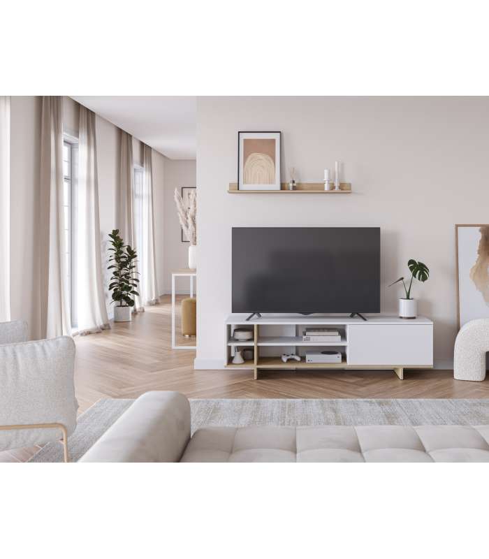 Mueble TV Celia: Elegância e Funcionalidade em Branco e Carvalho