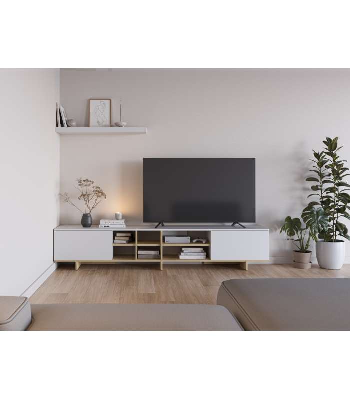 Mueble TV Celia: Elegância e funcionalidade em branco e carvalho.