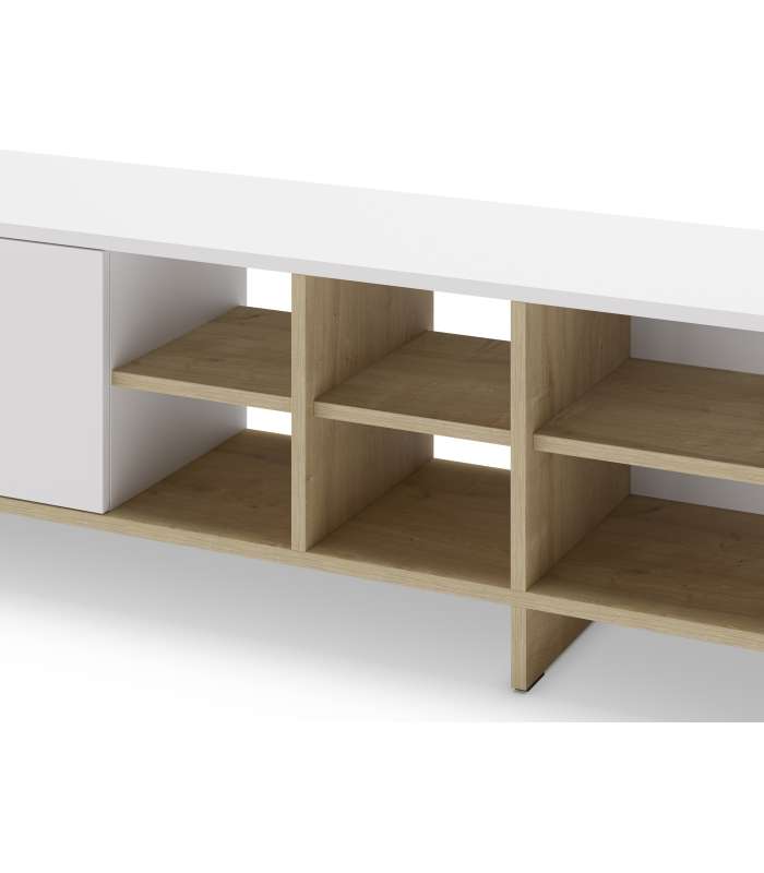 Mueble TV Celia: Elegância e funcionalidade em branco e carvalho.