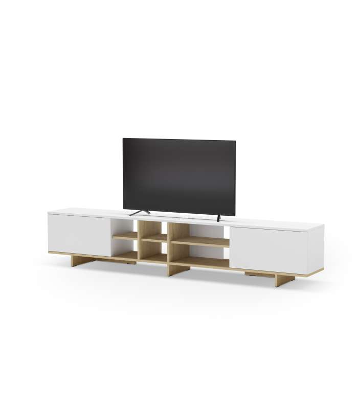 Mueble TV Celia: Elegância e funcionalidade em branco e carvalho.