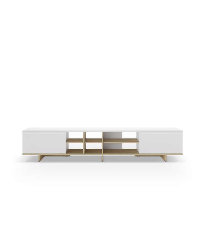 Mueble TV Celia: Elegancia y funcionalidad en blanco y roble.