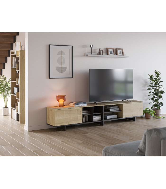 Elegância e funcionalidade: Mueble Celia TV em carvalho e preto.