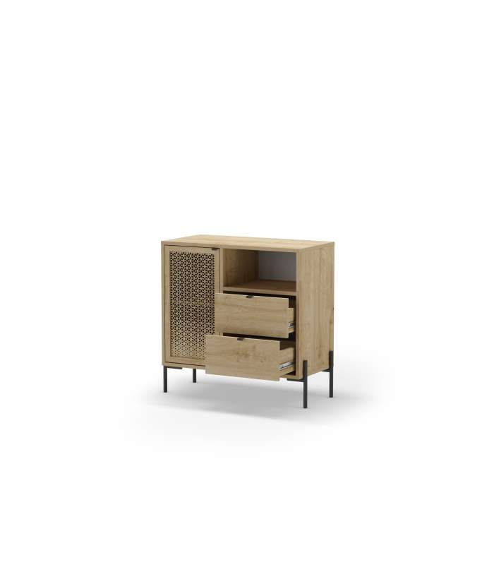 Mueble auxiliar India: estilo y funcionalidad en roble y negro.