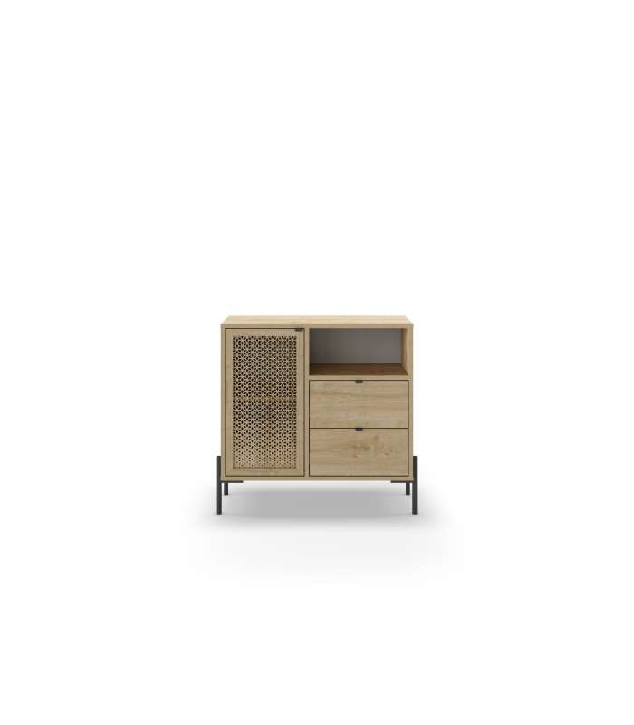 Mueble auxiliar India: estilo y funcionalidad en roble y negro.