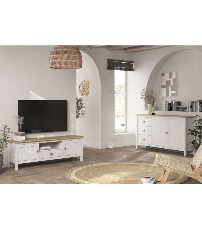 Elegante móvel TV Miguel com portas e gaveta em branco e carvalho.