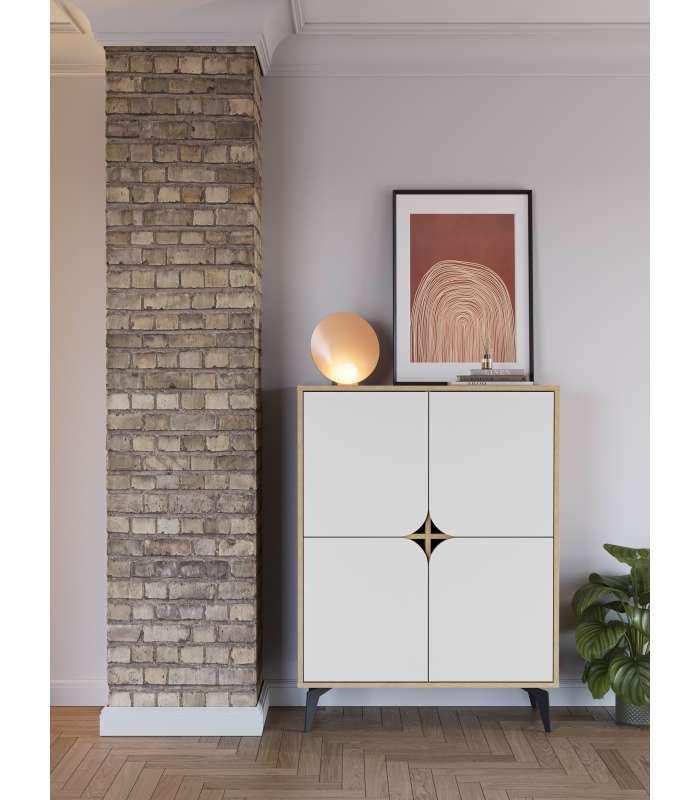 Mueble auxiliar Nora: elegancia y funcionalidad en roble y blanco.