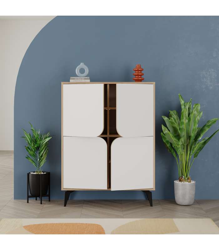 Mueble auxiliar Nora: elegancia y funcionalidad en roble y blanco.