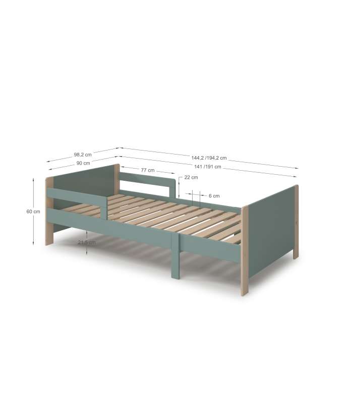 Cama juvenil Amir extensible en verde petróleo y cera blanca