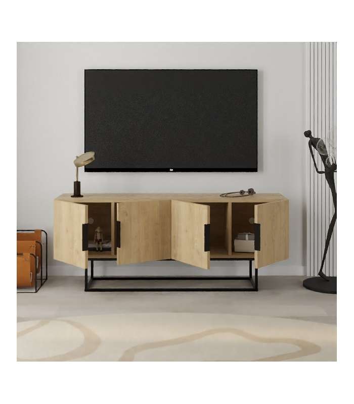 Elegante mueble TV Tania con 4 puertas en acabado roble