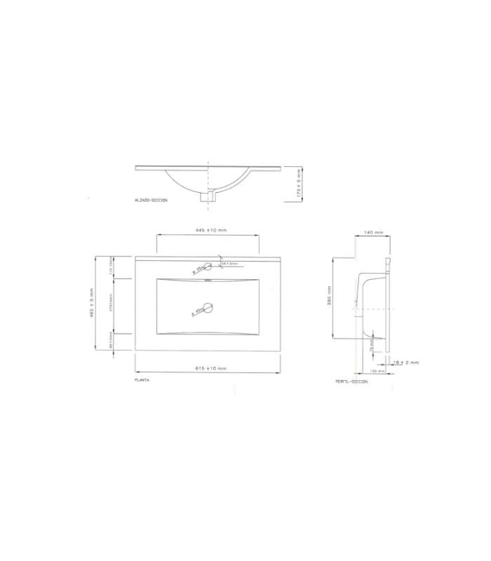 Lavabo cerámico blanco con rebosadero, 60x45x18